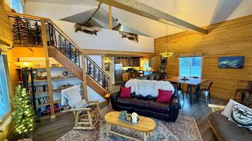 Smart TV, chimenea, libros