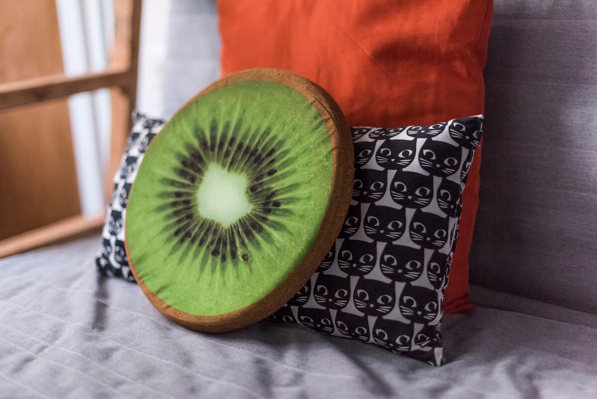 A slice of kiwi on a cushion with a black and white cat pattern, placed on a grey sofa with a red pillow in the background.