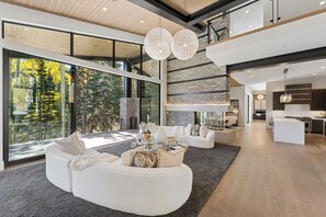 Smart TV, lareira, livros, aparelho de som