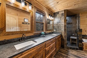 Shower, jetted tub, hair dryer, towels