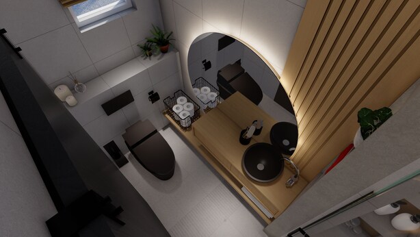 A modern bathroom with a toilet, sink, and shower area. There are plants and a window providing natural light. - Luxury 3-Bedroom Home in Maitama Abuja (Abuja)