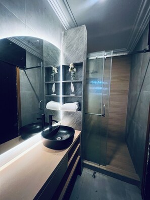 Hair dryer, towels, soap, toilet paper