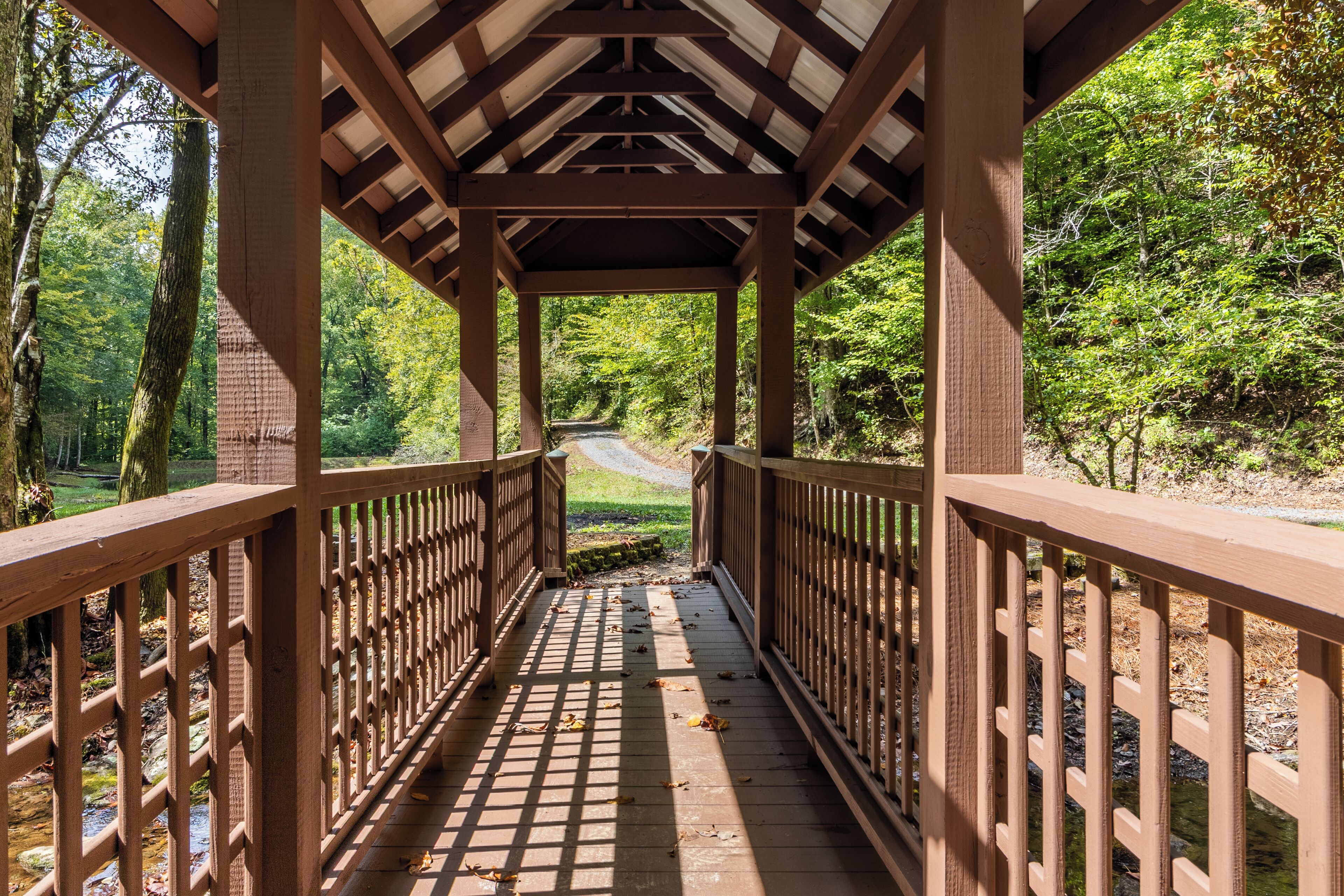 A wooden covered walkway with railings, leading through a forested area.