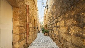 Un estrecho callejón adoquinado flanqueado por edificios de piedra, con una puerta a la izquierda y un ventanal a la derecha.