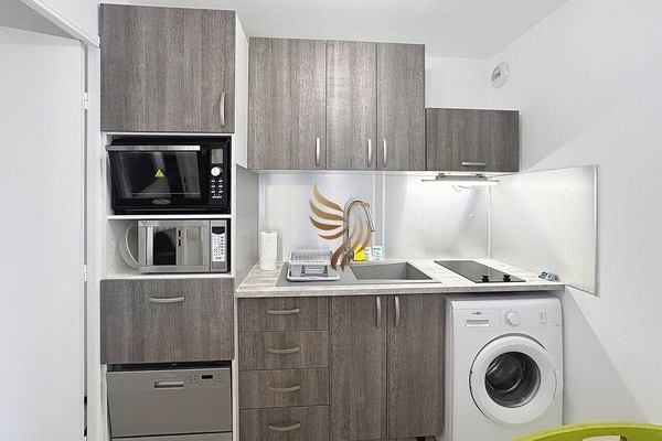 Cuisine avec électroménager moderne et lave-linge.