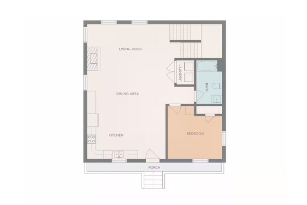 A floor plan of a hotel room with a living room, dining area, kitchen, bedroom, bathroom, and porch. - Scenic Log Retreat • HotTub, Indoor Pool & Dogs OK (Sevierville)