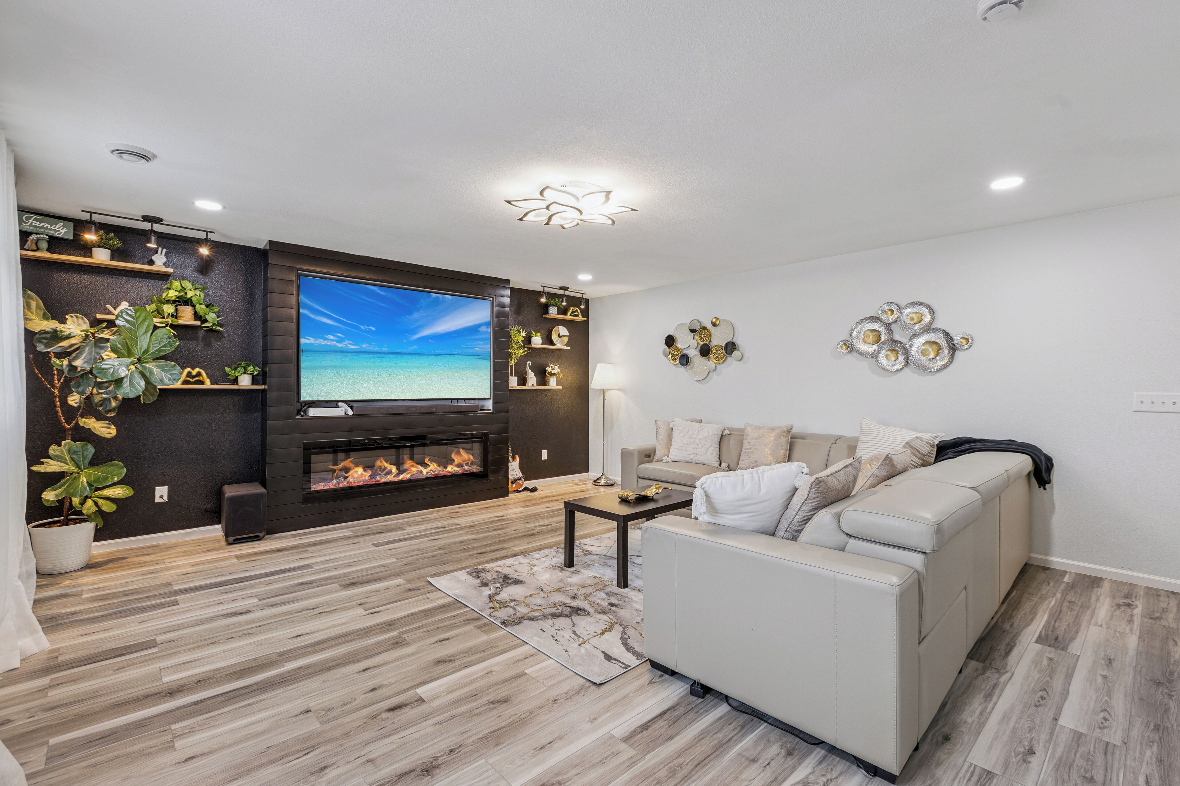 Smart TV, fireplace, video games