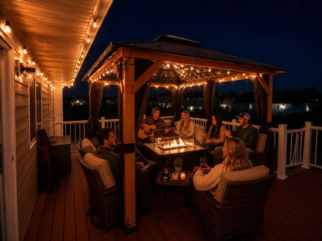 A covered outdoor seating area with a fire table, chairs, and string lights.