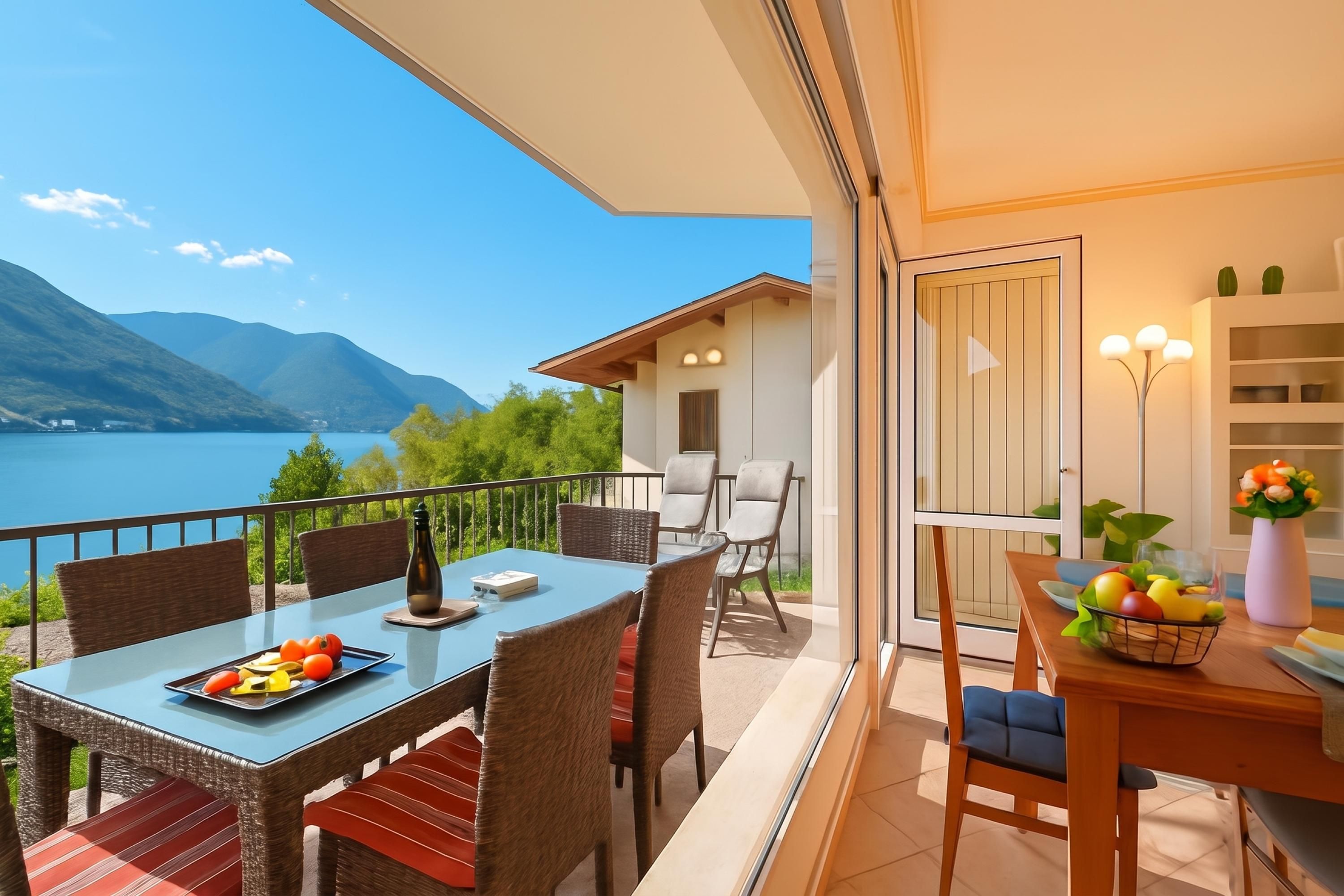 A balcony with a table set for dining, overlooking a lake and mountains.