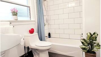 Hair dryer, towels, soap, toilet paper