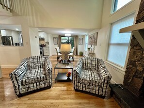 Smart TV, fireplace, books