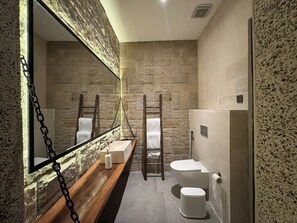 Hair dryer, towels, soap, toilet paper