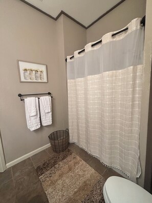 Hair dryer, towels, soap, shampoo