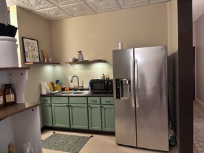 Fridge, microwave, coffee/tea maker, blender