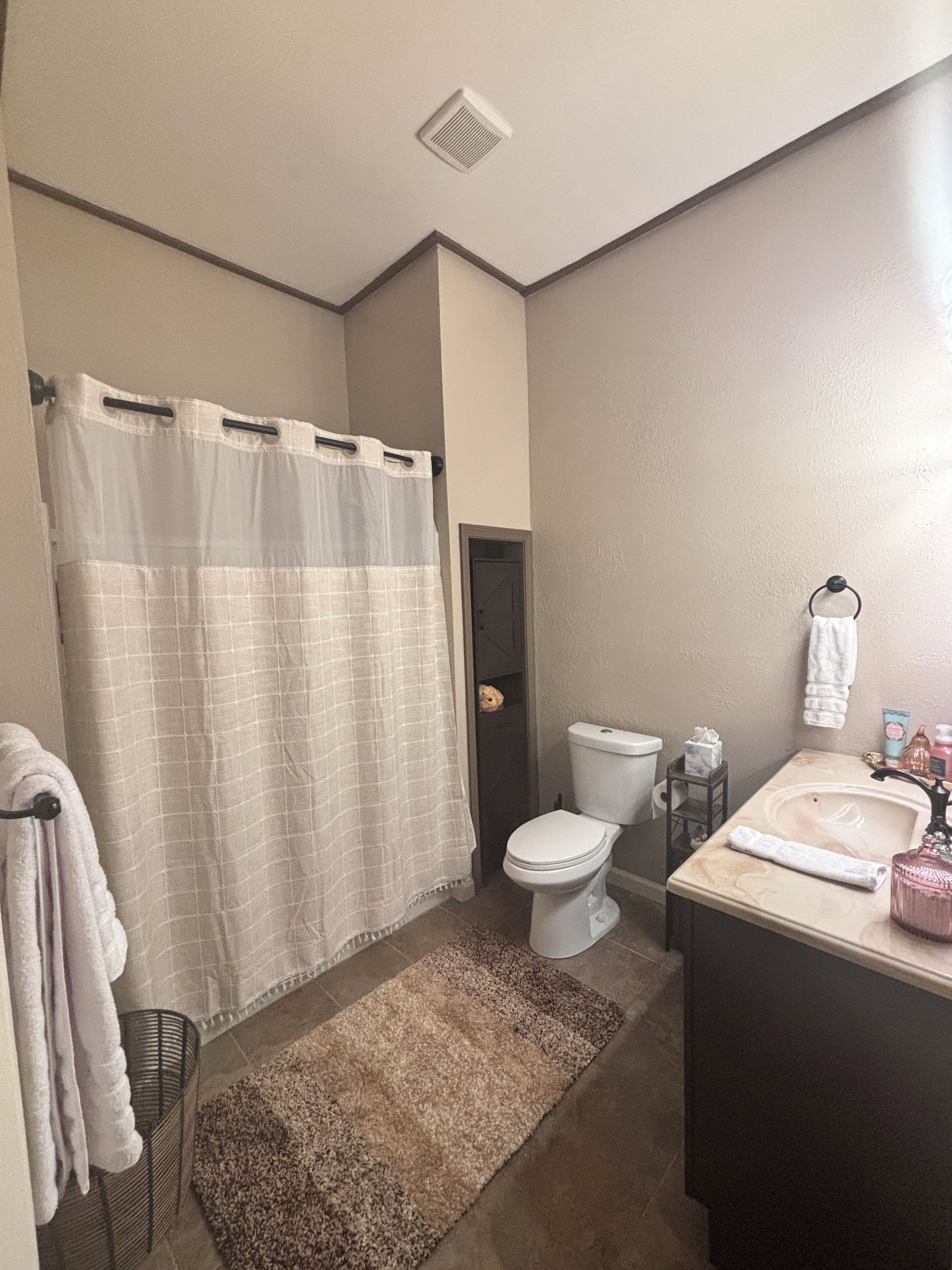 A bathroom with a shower curtain, toilet, sink, and a small rug.