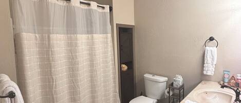 A bathroom with a shower curtain, toilet, sink, and a small rug.