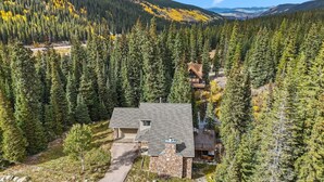 Une maison entourée d’une forêt dense, avec une cheminée en pierre et une petite terrasse.