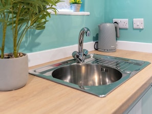 A kitchen with a stainless steel sink, a potted plant, a kettle, and a power outlet.