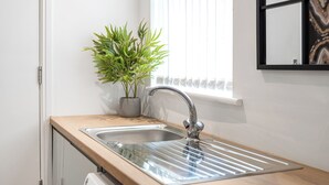 A kitchen with a stainless steel sink, wooden countertop, and a potted plant.