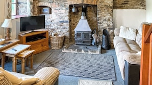A cozy living room with a stone fireplace, a television on a wooden stand, a sofa, and a patterned rug.