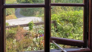 A window with a view of a rural landscape, including a road and greenery.