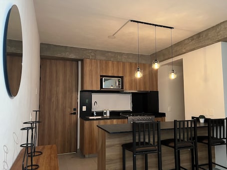 Private kitchen. Centrally located apartment with parking