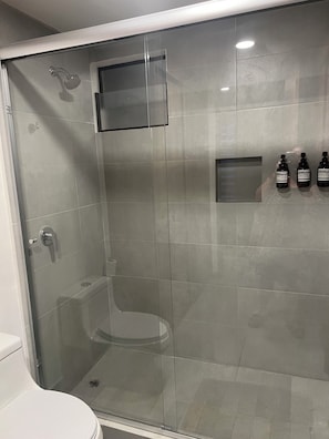 Shower, hair dryer, towels, soap