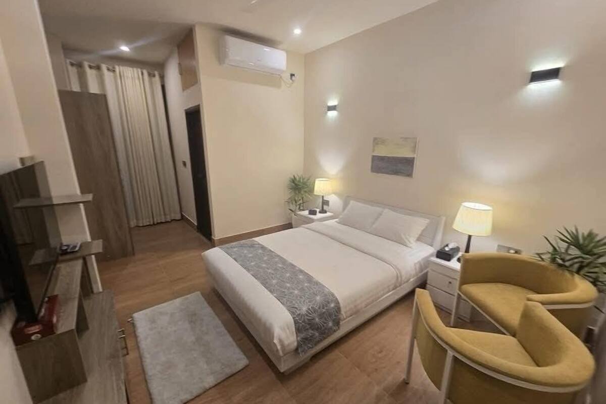 Een hotelkamer met een bed, nachtkastjes, een stoel, een bureau, een plant en een plafondventilator.