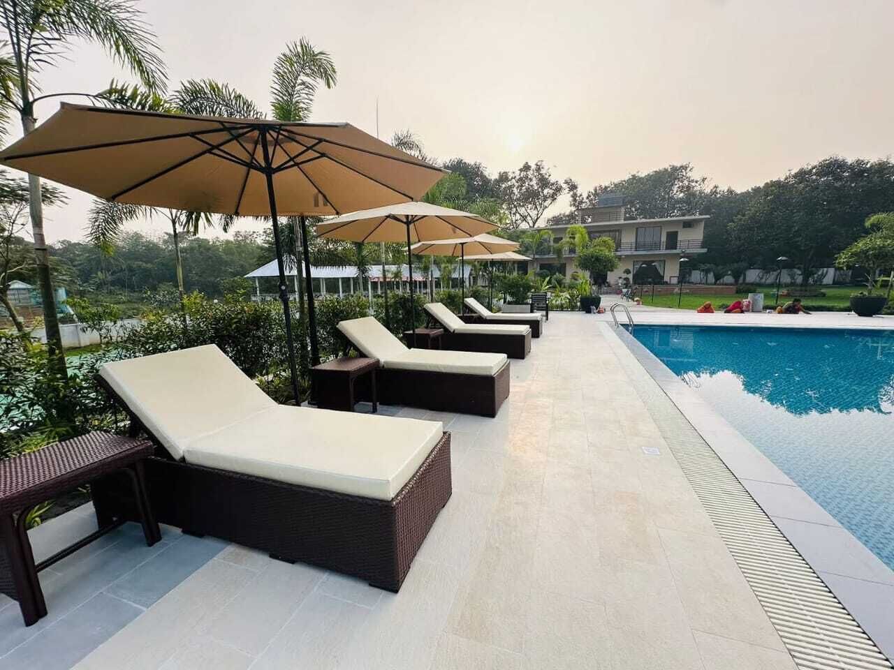 A poolside area with lounge chairs and umbrellas, a swimming pool, and a building in the background.