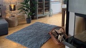 Ein modernes Wohnzimmer mit Steinwand, Kamin, grauem Sofa, blauem Teppich und einer Glastruhe.