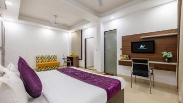 Desk, laptop workspace, free WiFi, bed sheets