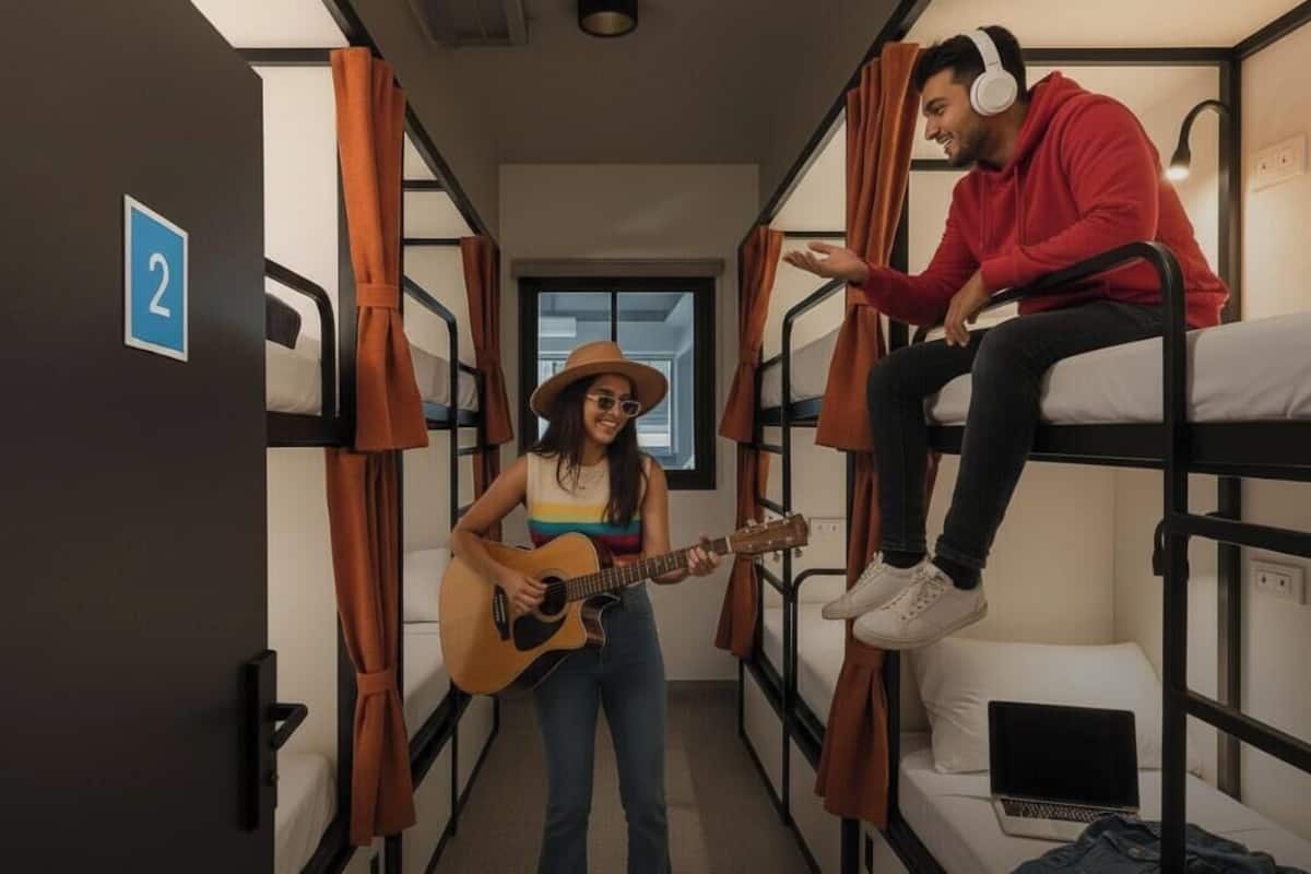Une chambre avec des lits superposés, où une personne joue de la guitare et une autre est assise sur le lit supérieur.