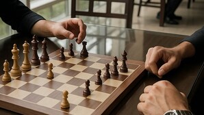 A chessboard on a table with pieces in play, a laptop, and a person in a suit. - The Metrostay Delhi (New Delhi)