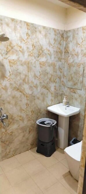 Shower, towels, soap, toilet paper