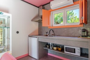 Réfrigérateur, micro-ondes, plaque de cuisson, cafetière/bouilloire