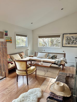 Smart TV, fireplace, books, stereo