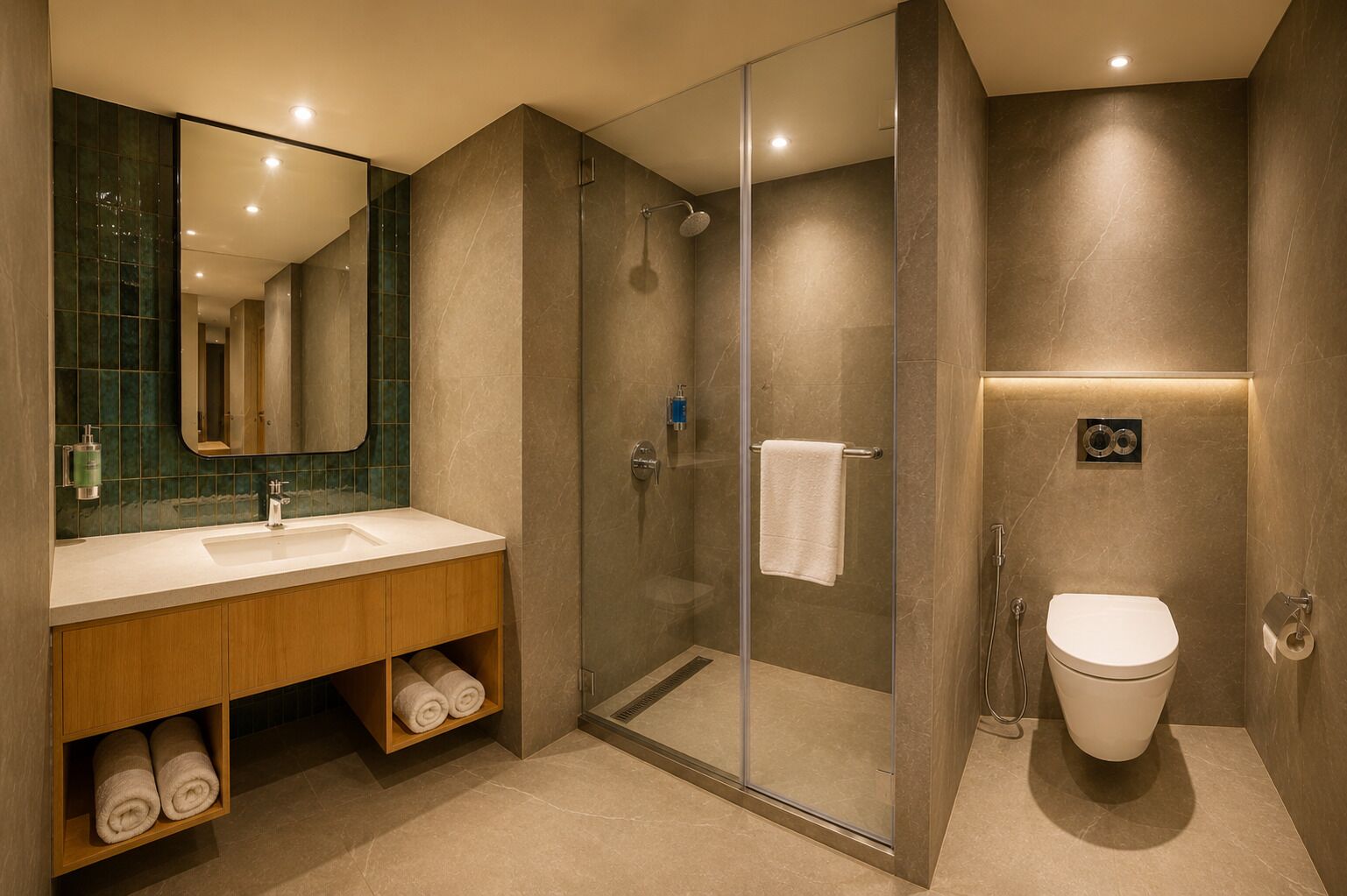 Un baño moderno con ducha de vidrio, lavamanos con espejo e inodoro.