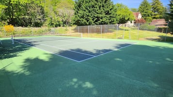 An outdoor tennis court with a green surface, surrounded by trees and a fence.