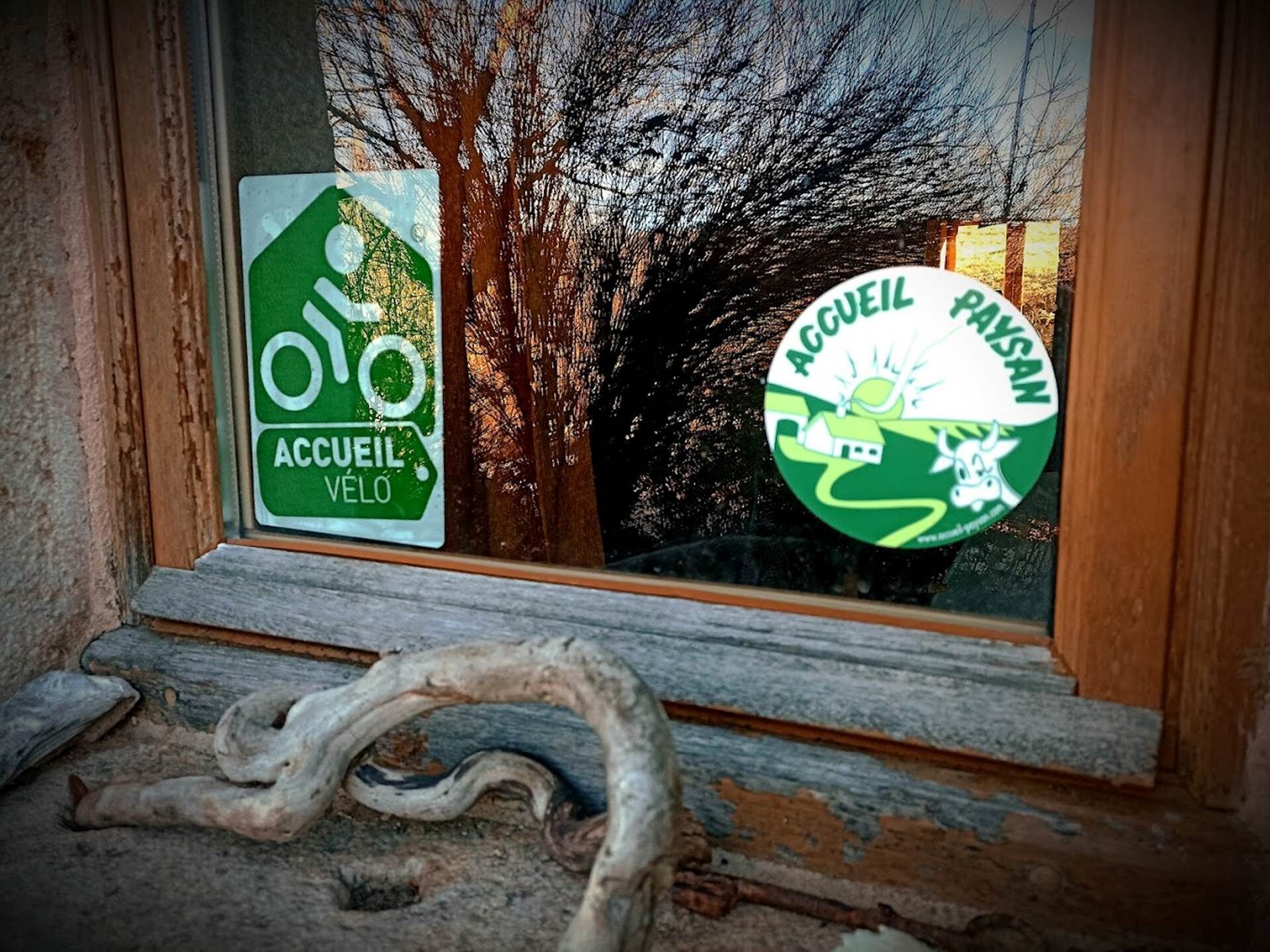 Una ventana con dos letreros: uno que dice 'ACCUEIL VÉLO' y otro 'ACCUEIL PAYSAN'.