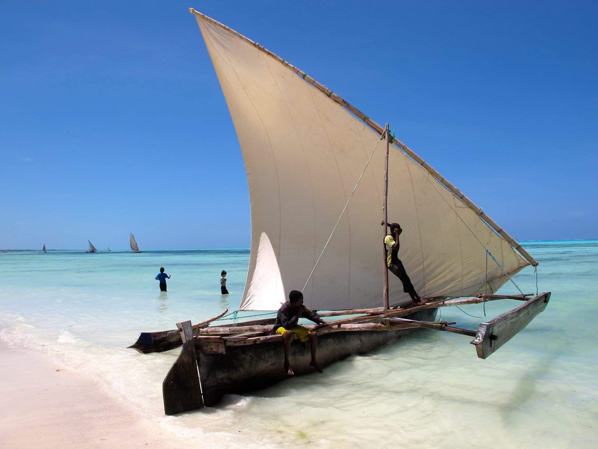 A traditional boat with a large sail anchored in shallow water near a sandy beach.