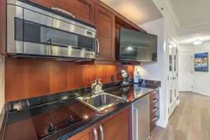 Microwave, stovetop, coffee/tea maker, electric kettle