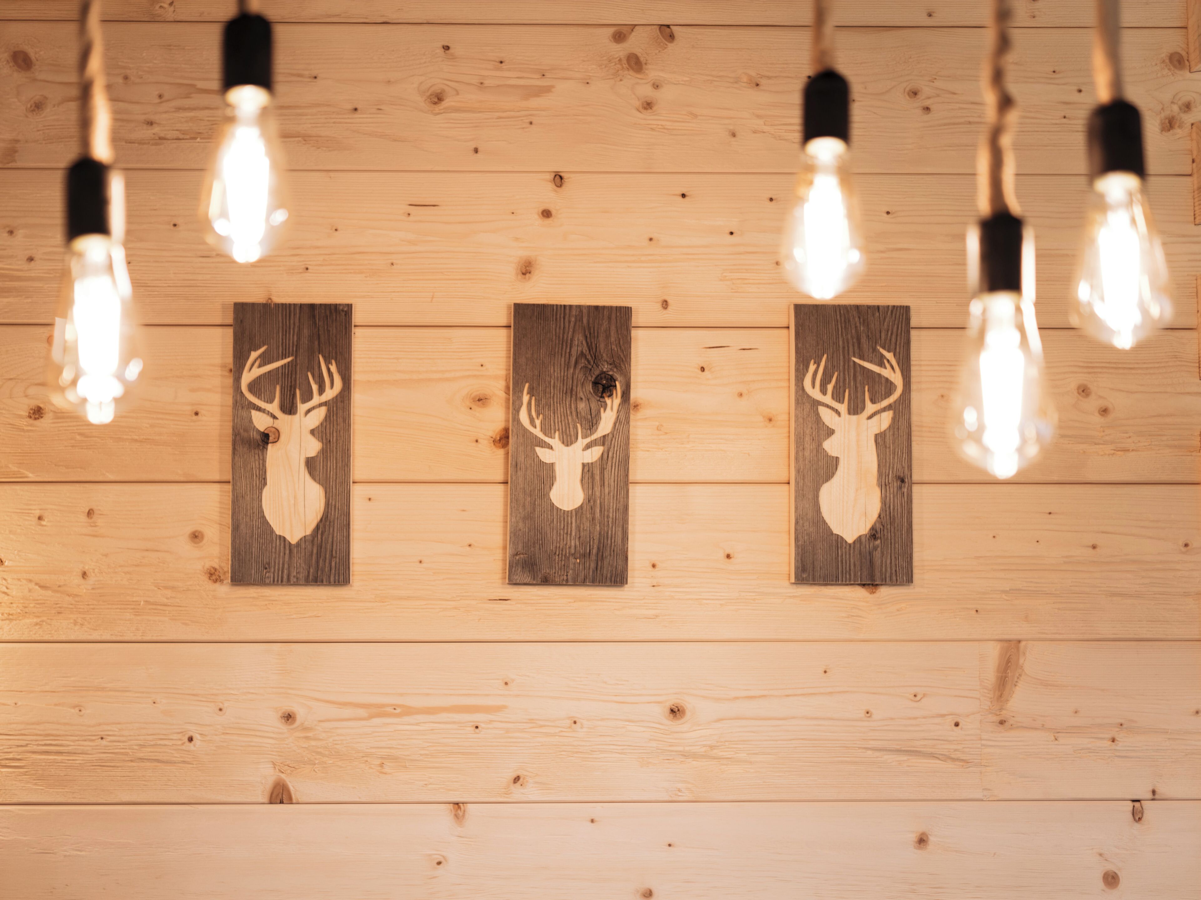 Wooden wall panels with light fixtures and deer head silhouettes.
