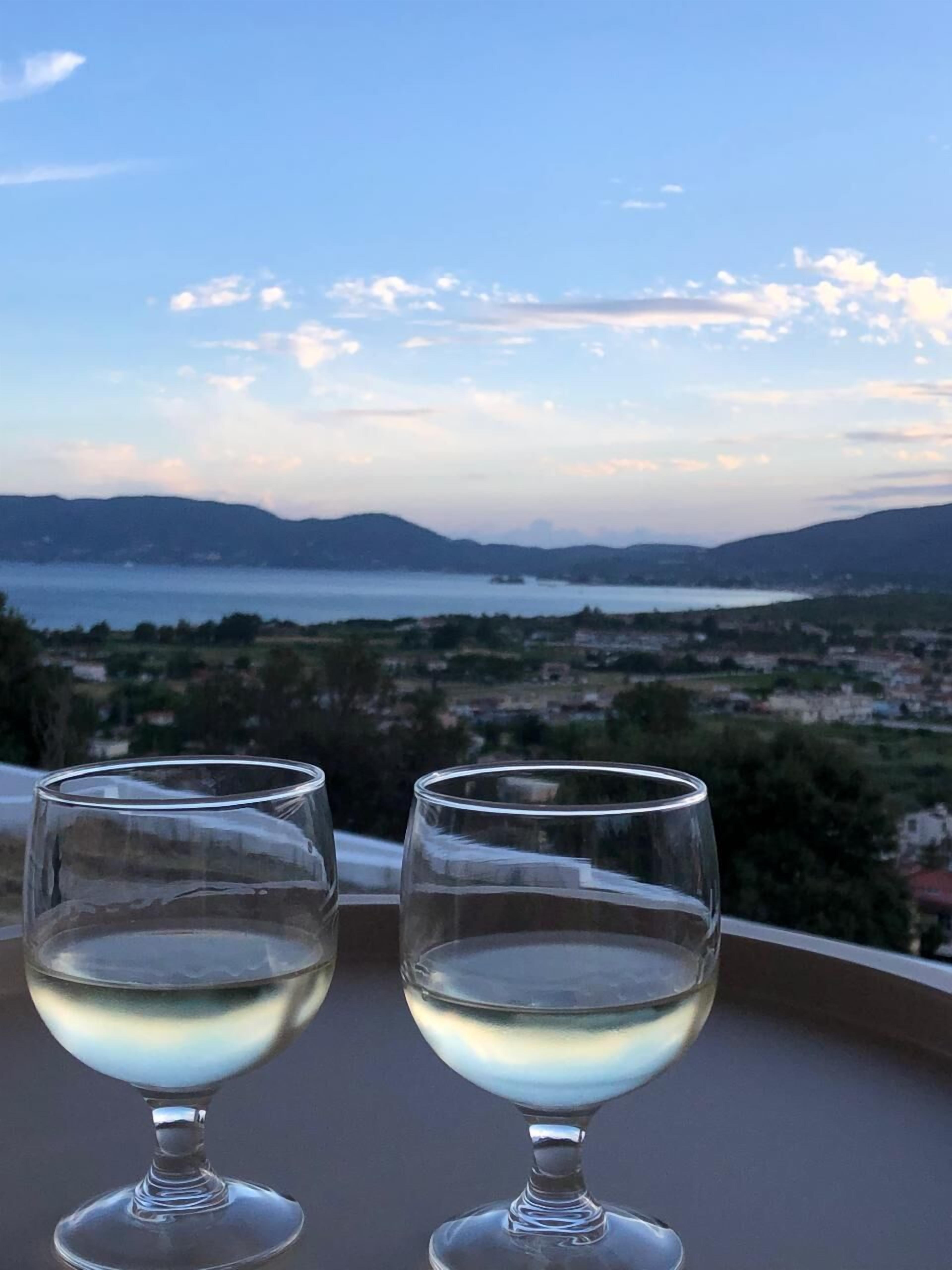 Two empty wine glasses on a balcony with a scenic view of a lake and mountains in the background.