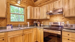 Interior de una cabaña de madera con cocina, que incluye un lavamanos, estufa y tostadora.