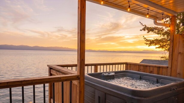 Un bain à remous sur une terrasse en bois, avec vue sur un lac et des montagnes au coucher du soleil.