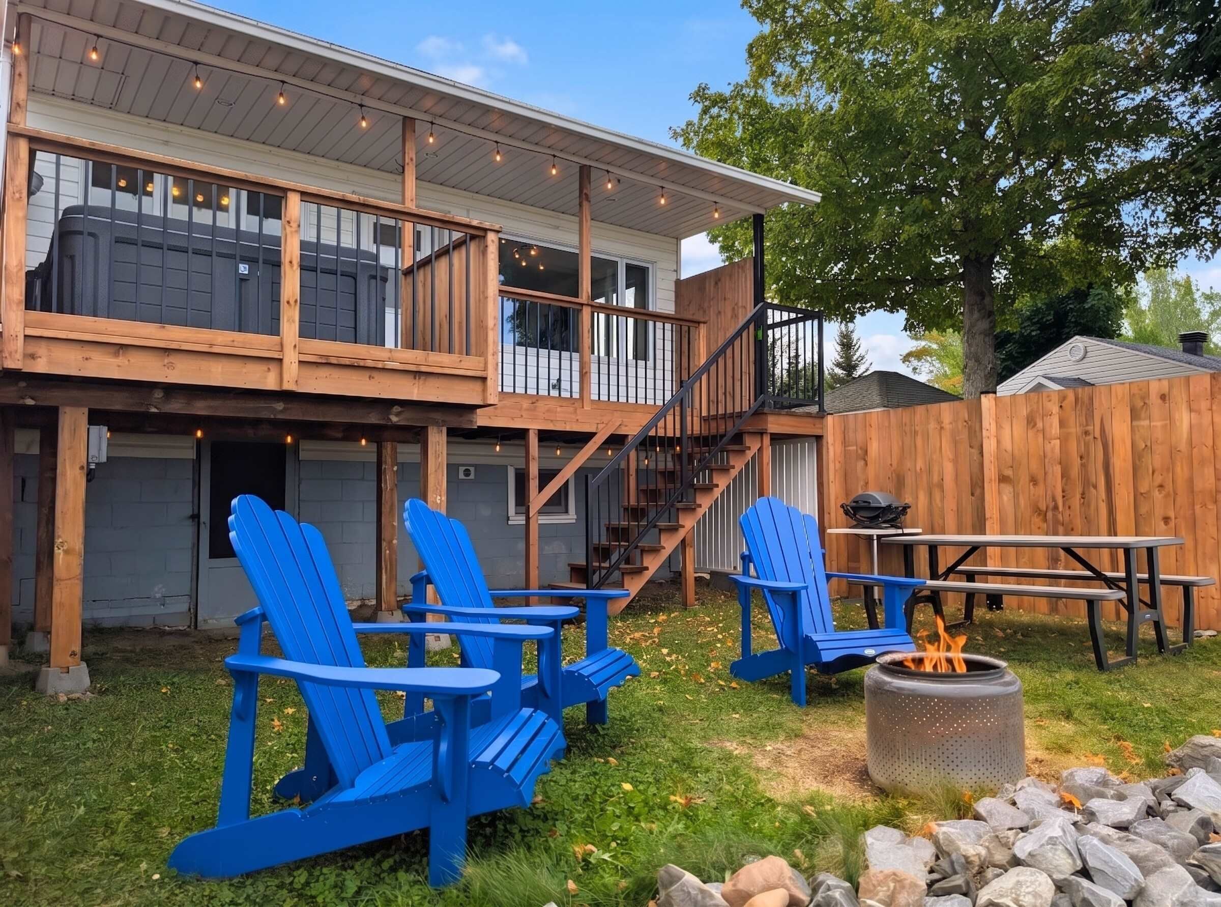 A two-story house with a deck, outdoor seating, and a fire pit.