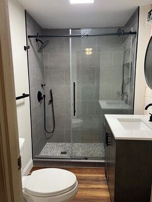 Douche, séchoir à cheveux, serviettes fournies, savon