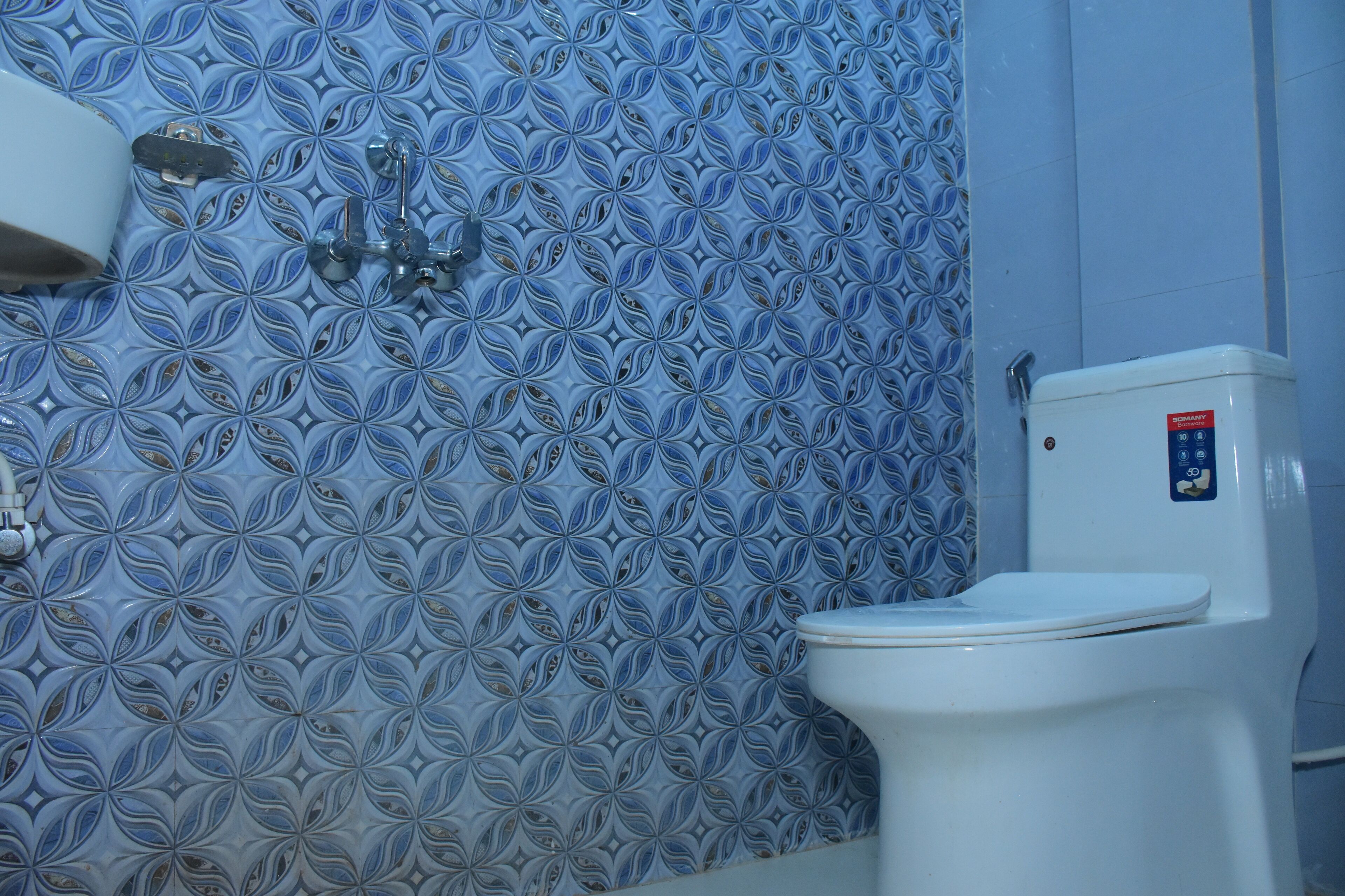Une salle de bain avec un mur recouvert de carreaux à motifs, des toilettes et un robinet.