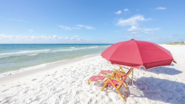 A beach with a red umbrella and two wooden beach chairs. - New Listing! Forever View From The 7th Floor At Popular Windemere Resort! (Pensacola)