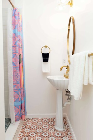Chuveiro, secador de cabelo, toalhas de banho, shampoo